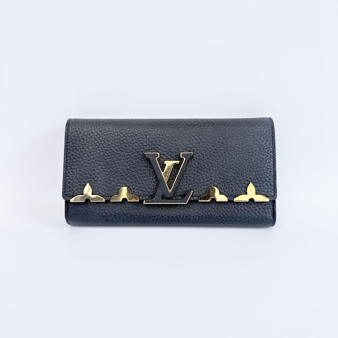 ルイヴィトン ポルトフォイユ・カプシーヌ フラワー 長財布 ブラック モノグラム トリヨンレザー M64551拍卖