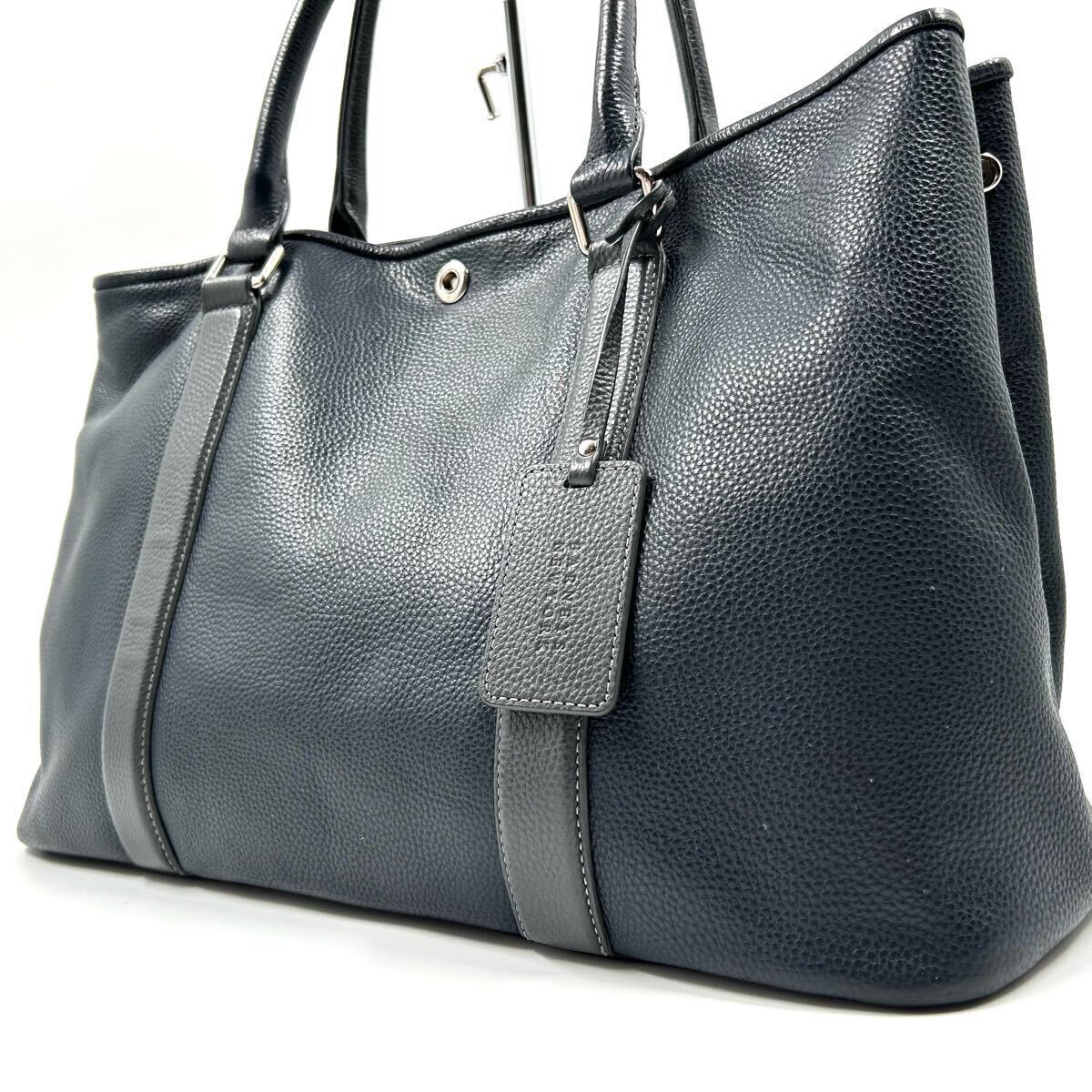 美品!バーニーズニューヨーク BARNEYS NEWYORK ハンド トートバッグ ビジネスバッグ オールレザー シボ革 A4収納 メンズ ネイビー 大容量拍卖