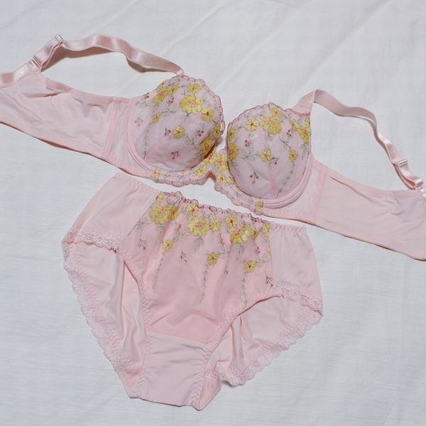 Lastトリンプ B95 3L/4L 脇高 4枚立体はぎ美胸 お花刺繍 ブラ&ショーツ ピンク 大きいサイズ拍卖