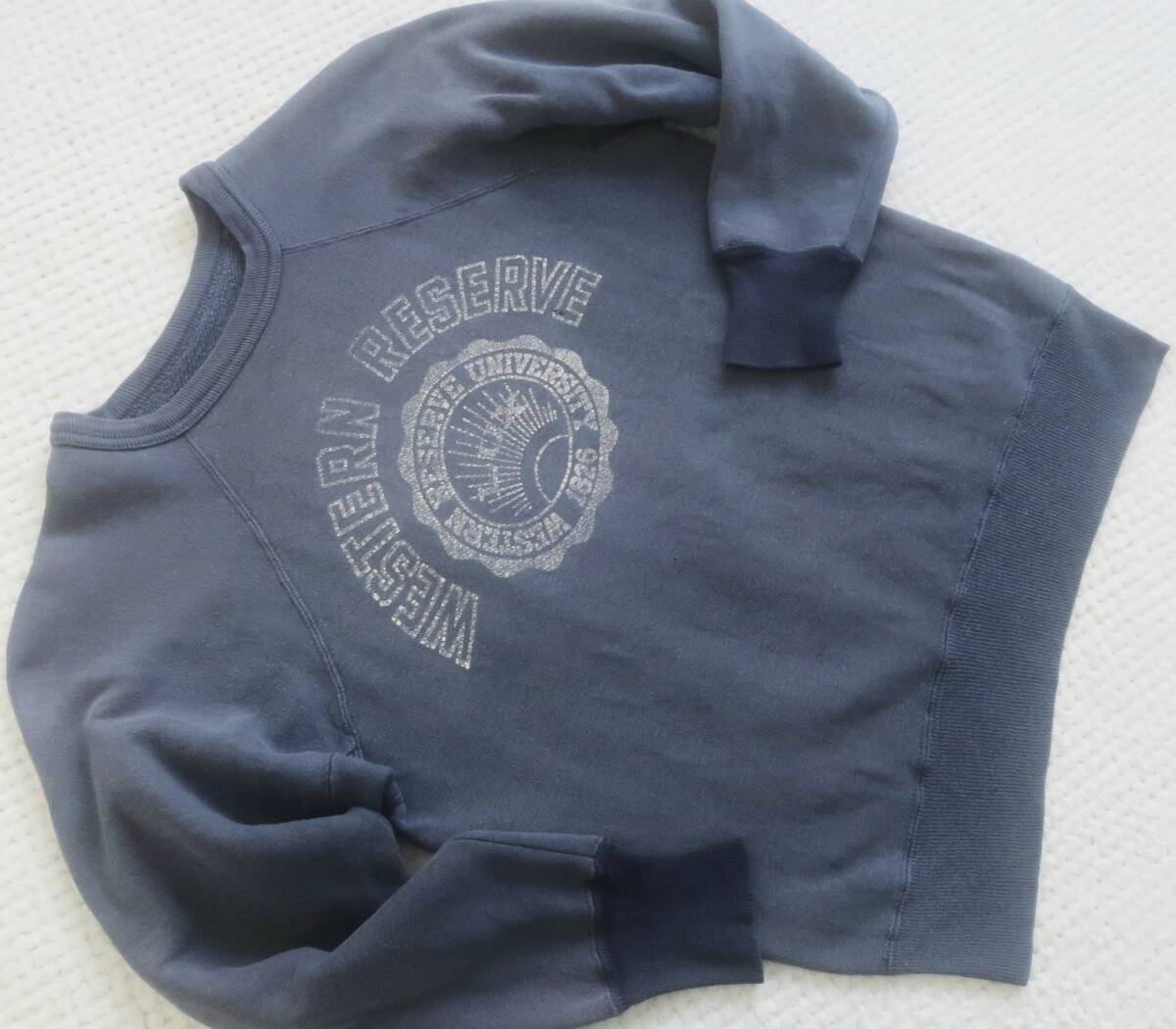 古着★1950年代★縫い目のない 筒状リブ★ヒビ割れ 単色 プリント★2連 カレッジ★2本針★ネイビーグレー ビンテージ スウェット M★958拍卖