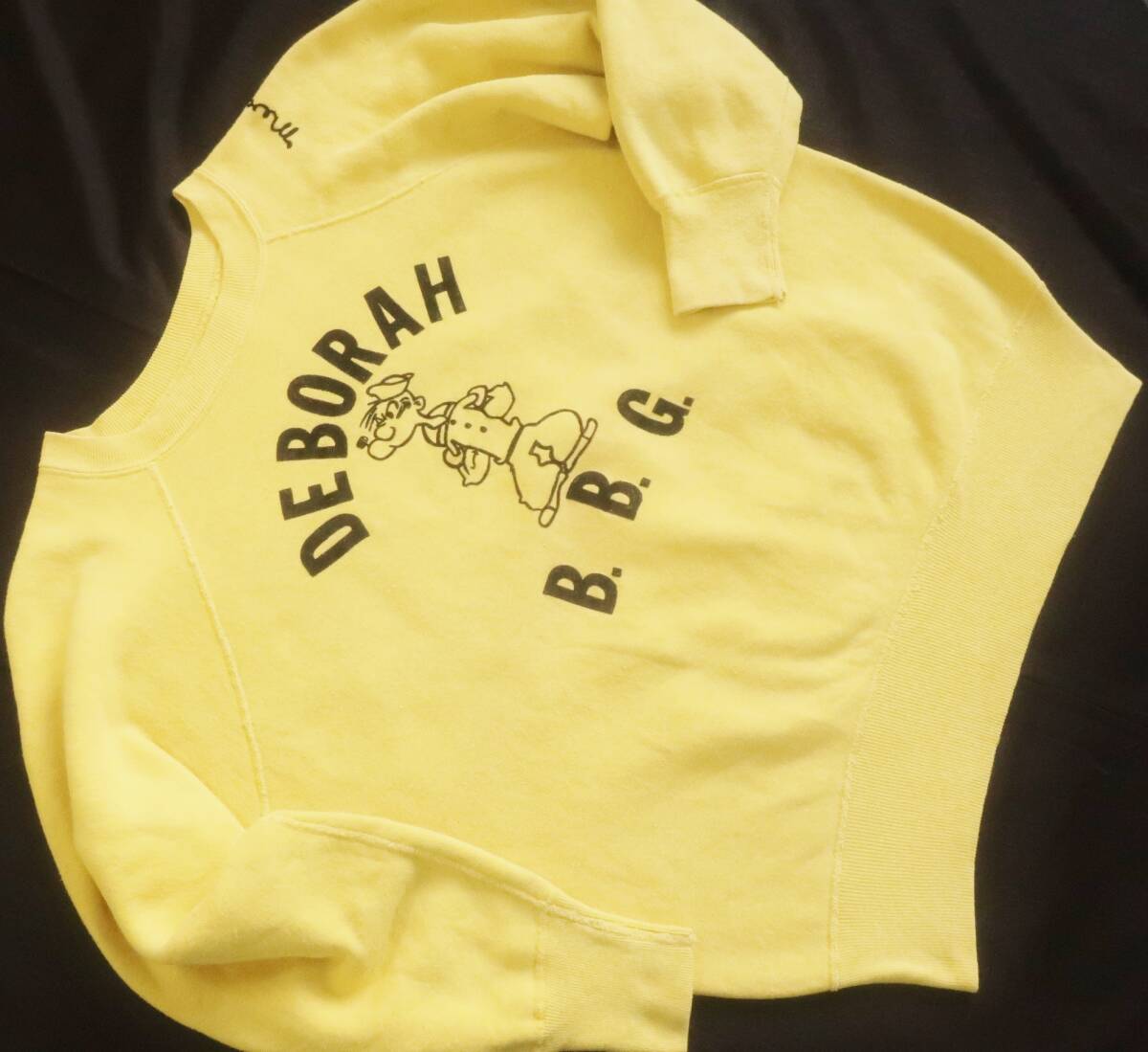 古着★1950~60年代★ポパイ POPEYE★ブラック フロッキープリント★リブ長 4本針 ビンテージ スウェット クリームイエロー M★953拍卖