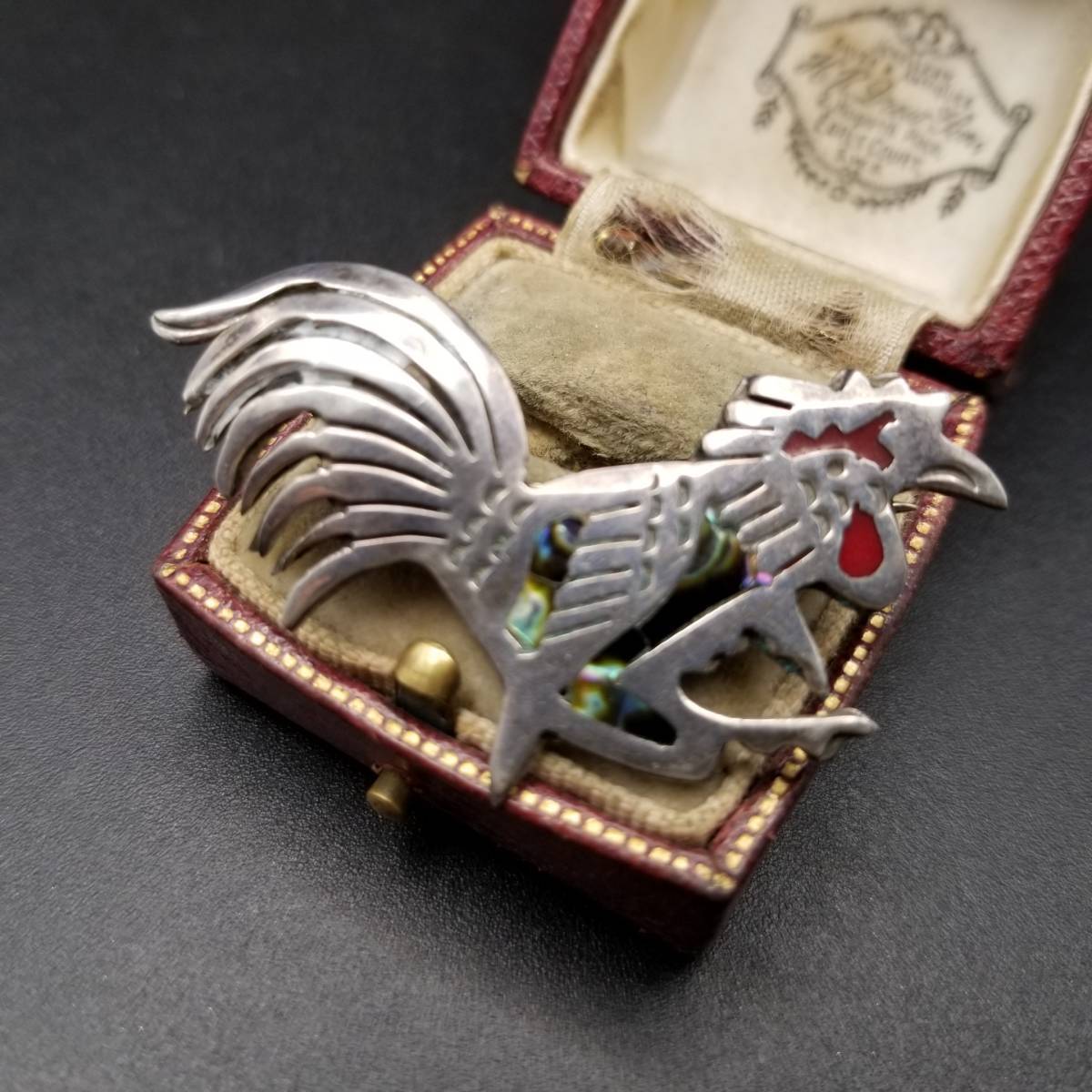 MR メキシコ ニワトリ モチーフ アバロンシェル インレイ 大ぶり ユニーク 925 ヴィンテージ シルバー ブローチ ジュエリー 輸入 Y10-V拍卖