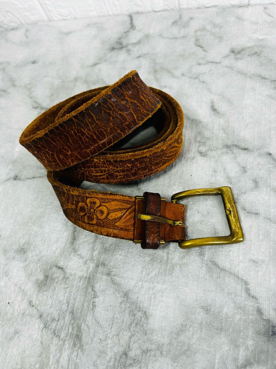 ロゴ刻印有 EDWIN ヴィンテージベルト レザー ベルト カービング 型押し フローラルパターン エドウィン レア レトロ 拍卖