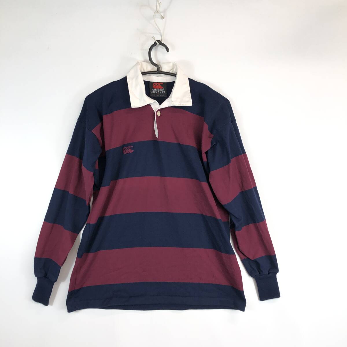 ニュージーランド製 CANTERBURY カンタベリー ラガーシャツ 長袖 Sサイズ ネイビー ワインレッド拍卖