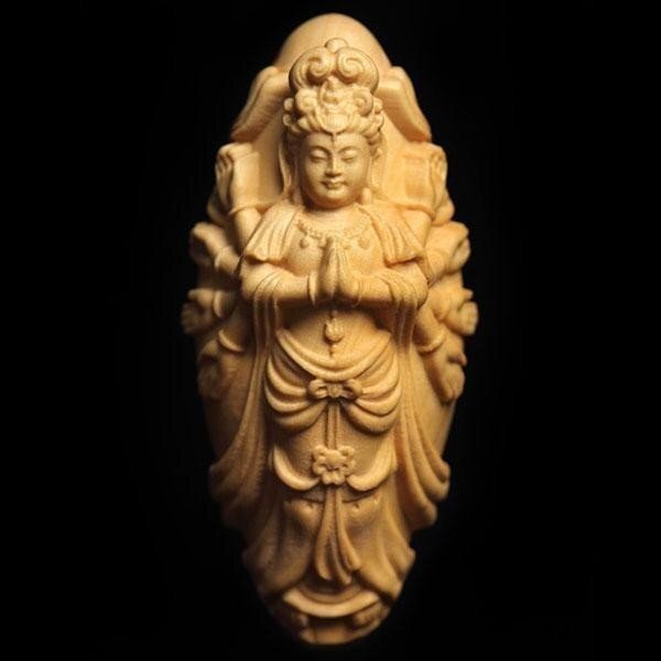 根付 柘植 黄楊 千手観音菩薩 細密木彫 繊細彫刻 木製 ペンダント ストラップ 提物 観音様拍卖