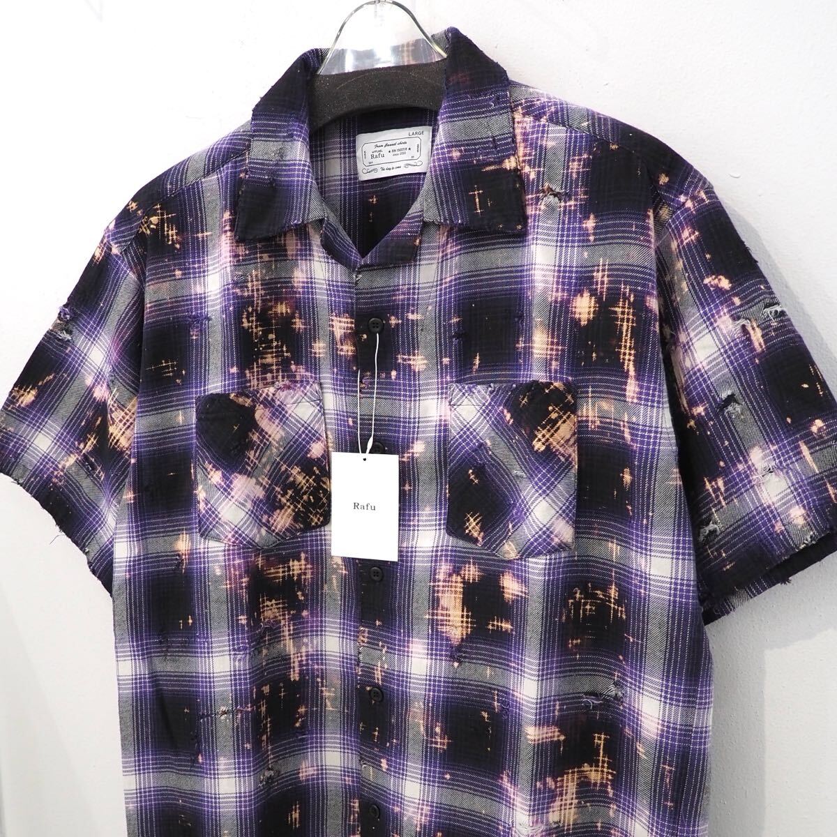 新品 定価41800円 ラフ ブリーチ ダメージ 加工 チェック 半袖 シャツ 紫 パープル 黒 メンズ L Rafu セットアップ可 MIYAGI HIDETAKA 開襟拍卖