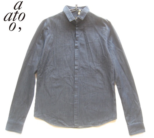 美品日本製!!アトウ ato*美シルエット 比翼仕立て長袖インディゴデニムシャツ 48 実寸M 紺 ネイビー拍卖