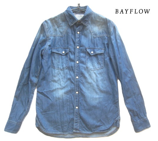 人気!!ベイフロー BAYFLOW*ヴィンテージ加工 ネイティブ刺繍 インディゴデニムウエスタンシャツ 2 実寸S 紺 ネイビー 海上がりに着たい拍卖