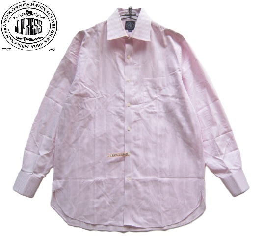 美品日本製!!J.PRESS Jプレス*胸ポケット付き ストライプ柄オックスフォードドレスシャツ 41-83 実寸LL XL 淡いピンク×白 ジェイプレス拍卖