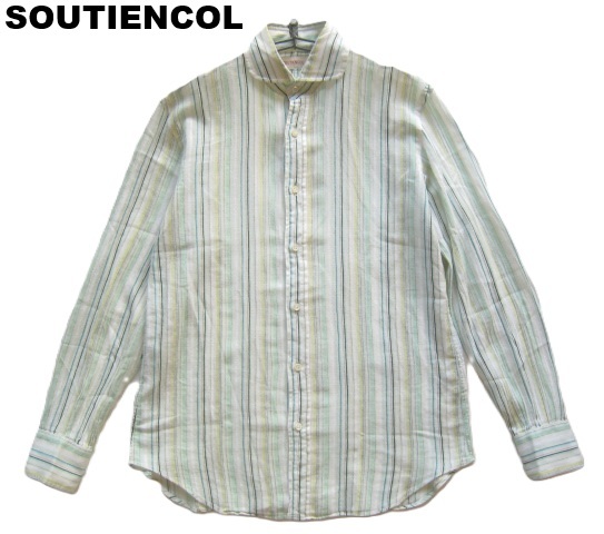 極上日本製!!スティアンコル SOUTIENCOL*美シルエット 麻15% 丸襟 ストライプ柄リネンコットンシャツ 2 実寸M ユニバーサルラボ拍卖