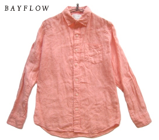 美品!!ベイフロー BAYFLOW*麻100% 春夏モデル 胸ポケット付き 清涼リネンシャツ 2 実寸S ピンク SURF サーフ 海上がりに着たい拍卖