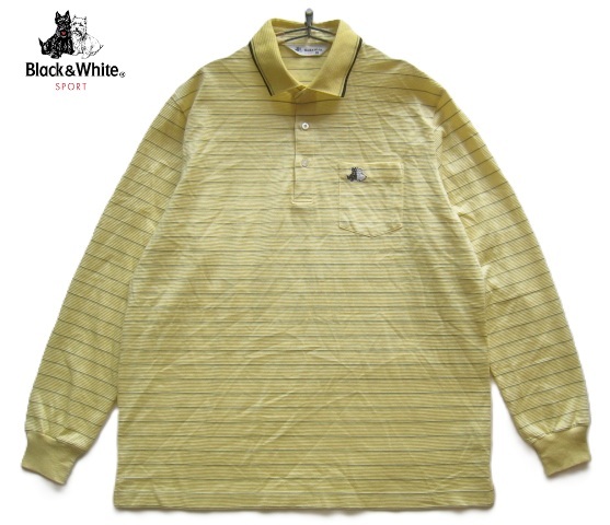 美品日本製!!ブラック&ホワイト Black&White*テリアロゴ刺繍 胸ポケット付き ボーダー柄ストレッチ長袖ポロシャツ LL 黄色 ゴルフ GOLF拍卖