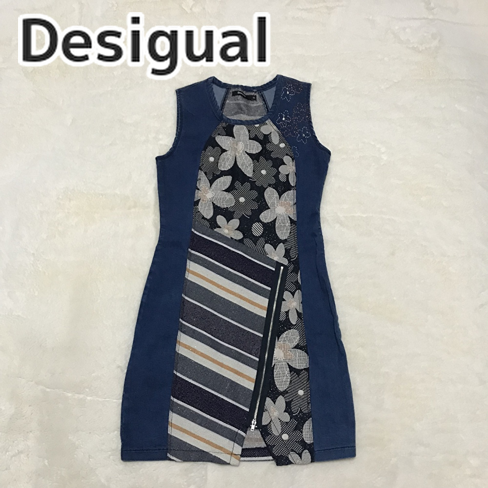 即決★ デシグアル ワンピース デニム 花柄 y2k フェアリーコア M ノースリーブ拍卖