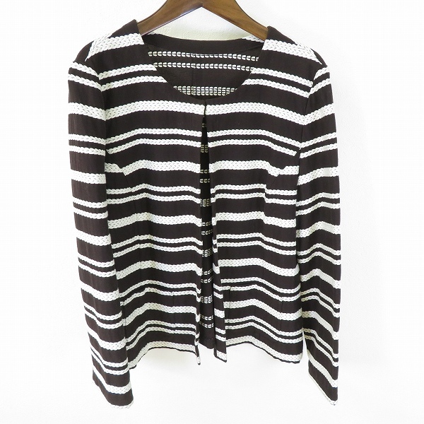 #a レリアン Leilian カーディガン ジャケット ノーカラー 13+ 茶 白 ボーダー 大きいサイス 長袖 日本製 952776 k01拍卖
