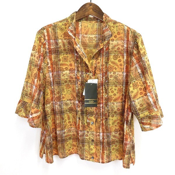 #s レリアン Leilian シャツ ブラウス 半袖 15+ オレンジ マルチ 大きいサイズ チェック ペイズリー フランス製生地 タグ付き 938038 k01拍卖