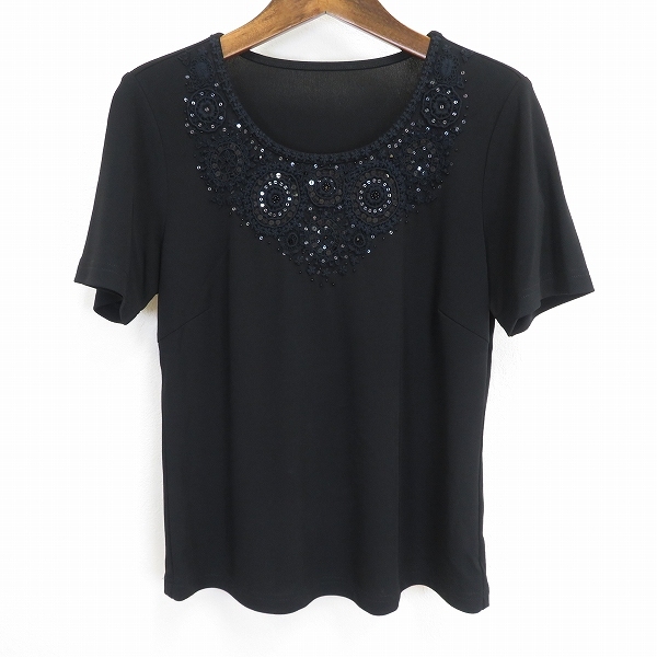 #s ラピーヌルージュ LAPINE ROUGE 半袖 カットソー 38 黒 ブラック 花モチーフ スパンコール ストレッチ レディース 952676 k01拍卖