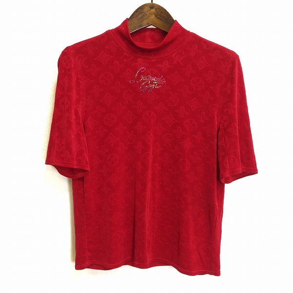 #s GK ITALIYA 伊太利屋 イタリヤ 半袖 カットソー 9号 赤 ハイネック 編み目柄 総柄 ラインストーン ロゴ ストレッチ 855817 k01拍卖