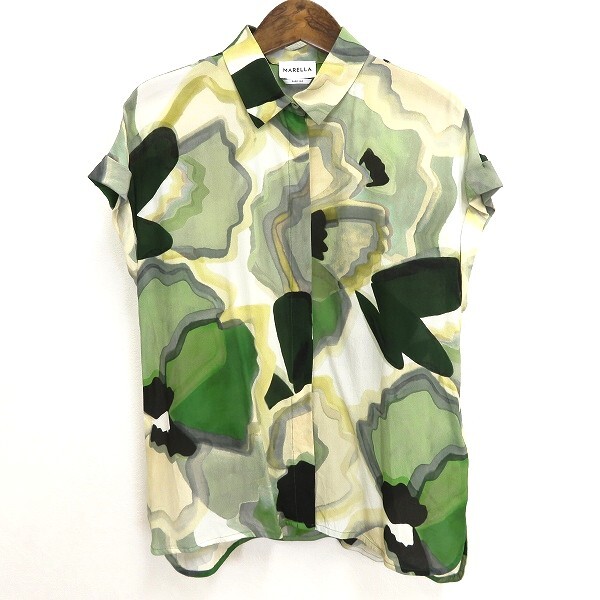 #s マレーラ MARELLA シャツ ブラウス 半袖 42 緑系 ベージュ系 マルチ 総柄 シルク 絹 100% レディース 904776 k01拍卖