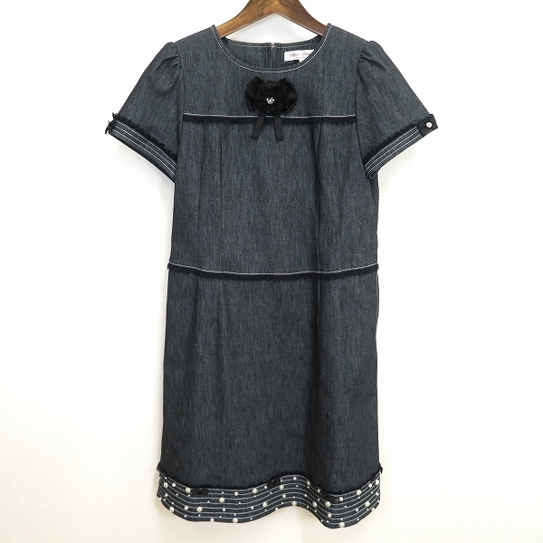 #s スーパービューティー SUPER BEAUTY 半袖 ワンピース 42 紺系 デニム風 リボンブローチ付き リボン レース パール 915580 k01拍卖