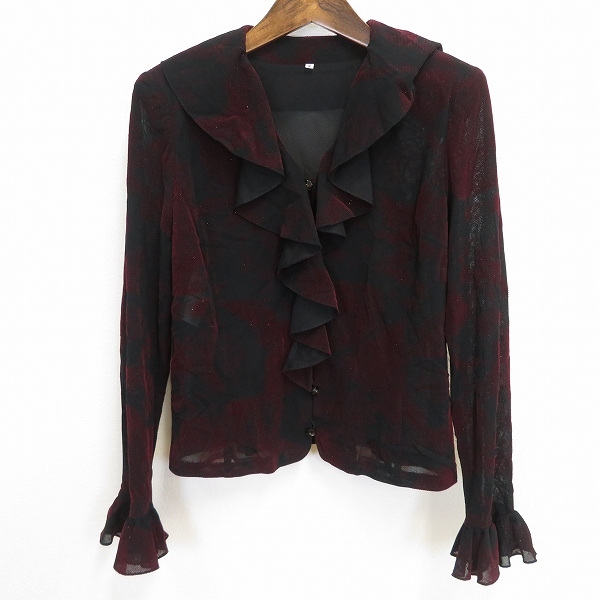 #a タケオニシダ TAKEO NISHIDA シャツ ブラウス 9号 黒 赤 総柄 パワーネット フリル シースルー メッシュ ラメ レディース 942631 k01拍卖