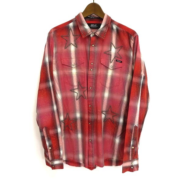 #a リプレイ REPLAY 長袖 シャツ L 赤 黒 白 チェック グラデーション 星 スタッズ スナップボタン タグ付き 美品 メンズ 952101 k01拍卖