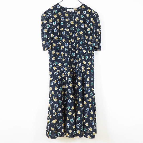 #s レリアン Leilian ワンピース 9 紺系 マルチ 花柄 半袖 お花ボタン コットン 日本製 960204 k01拍卖