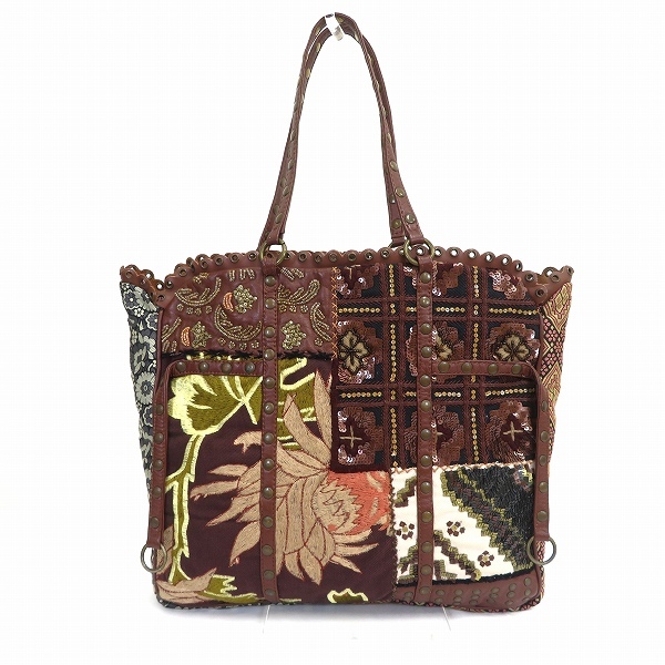 #ab ジャマンピュエッシュ JAMIN PUECH ショルダーバッグ 茶系 マルチ パッチワーク ビーズ スパンコール 花柄 スタッズ 946081 k01拍卖