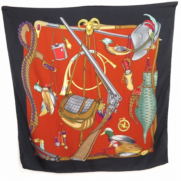 #ae グッチ GUCCI シルク スカーフ 黒 赤茶 マルチ 大判 絹 バッグ カモ 鴨猟 イタリア製 オールドグッチ ヴィンテージ 946088 k01拍卖