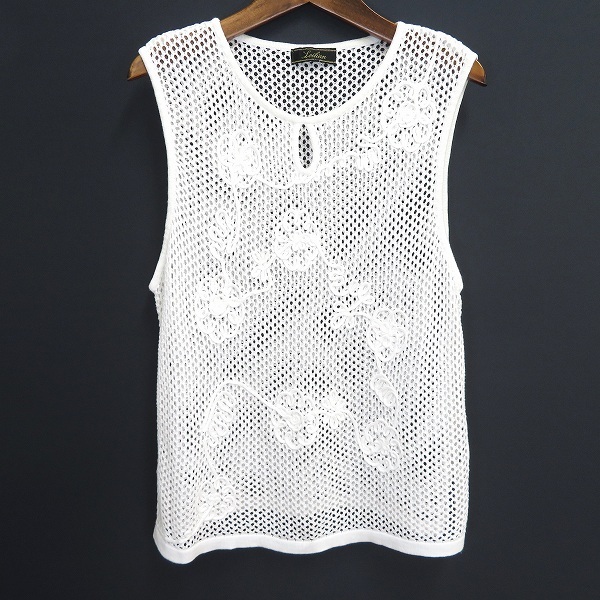 #a レリアン Leilian ニット ベスト 白 ホワイト 9号 かぎ編み カギ編み 花モチーフ 綿 100% ノースリーブ 日本製 946099 k01拍卖