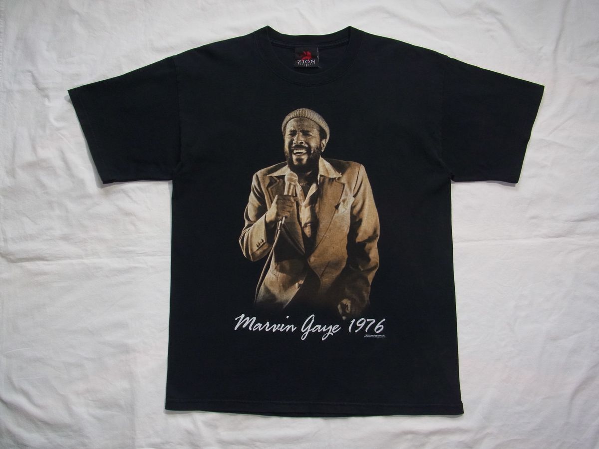 ☆ 00s ビンテージ Marvin Gaye マーヴィン・ゲイ 1976 Tシャツ sizeL 黒 ☆USA古着 ZION R&B ソウル ファンク 90s オールド Bob Marley 拍卖