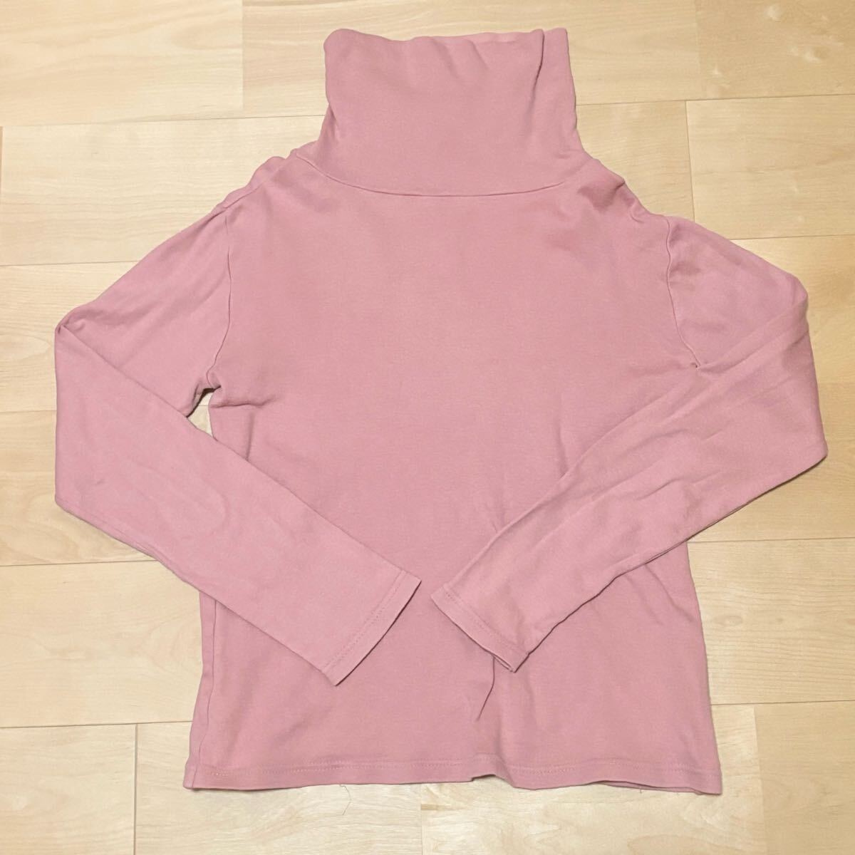 ローズピンク無地コットン長袖Tシャツ ハイネック ロンT タートルネック 長袖カットソー トップス拍卖