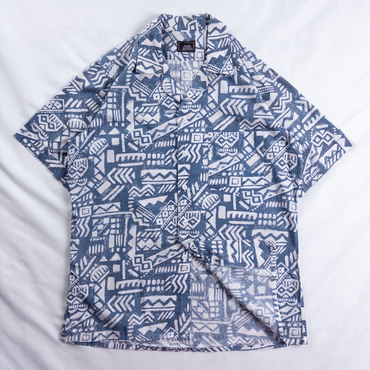 US Vintage 80s JOHN HENRY コットン 開襟 オープンカラー プリミティブ エスニック 民族 幾何学模様 アート 総柄 デザインシャツ拍卖