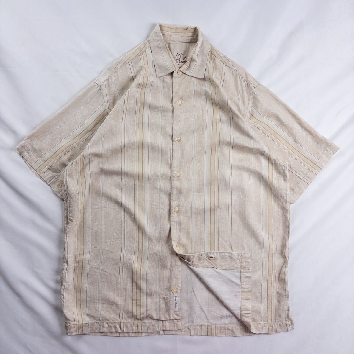 US Vintage 00s Tommy Bahama シルク 立体 光沢 刺繍 パーム ヤシ ハイビスカス ライン 透かし柄 クリーム 総柄 ハワイアン アロハシャツ拍卖