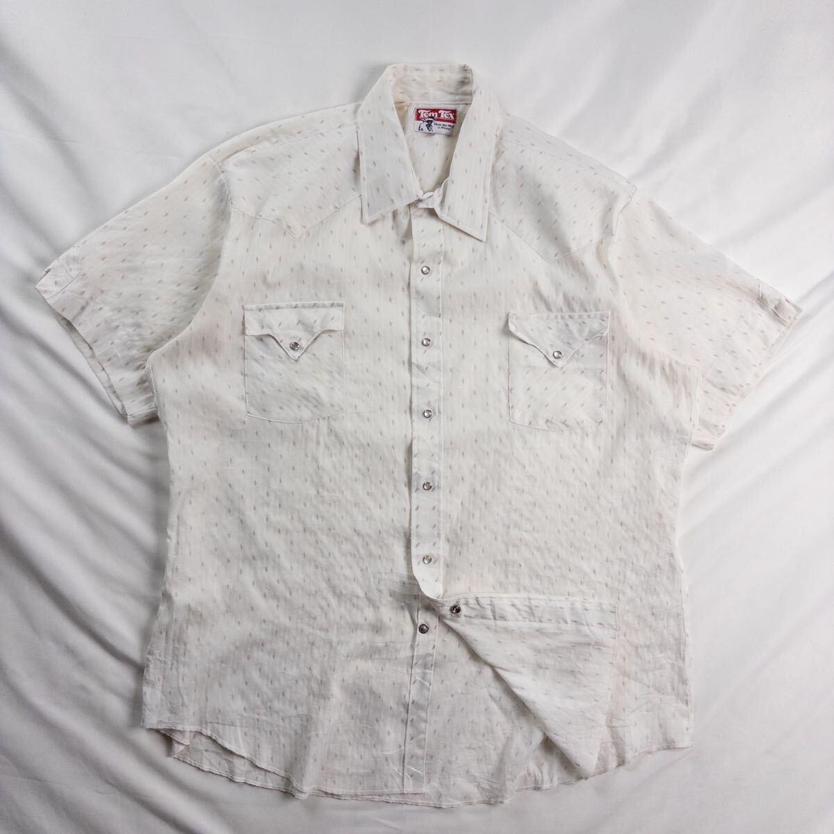US Vintage 70-80s Tem Tex ポリエステル 光沢 刺繍 立体 ダイヤ パールスナップボタン カウボーイ ウエスタン ホワイト 白 総柄シャツ拍卖