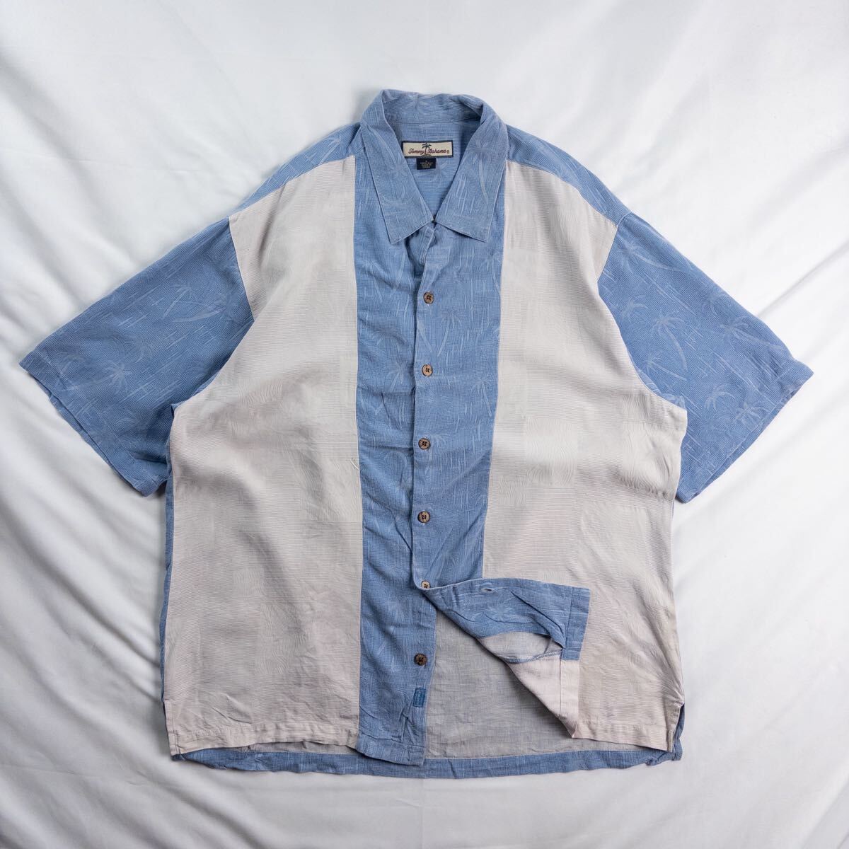US Vintage 90-00s Tommy Bahama シルク 開襟 立体 刺繍 パーム エスニック ブルー ベージュ バイカラー ハワイアン アロハ 総柄シャツ拍卖