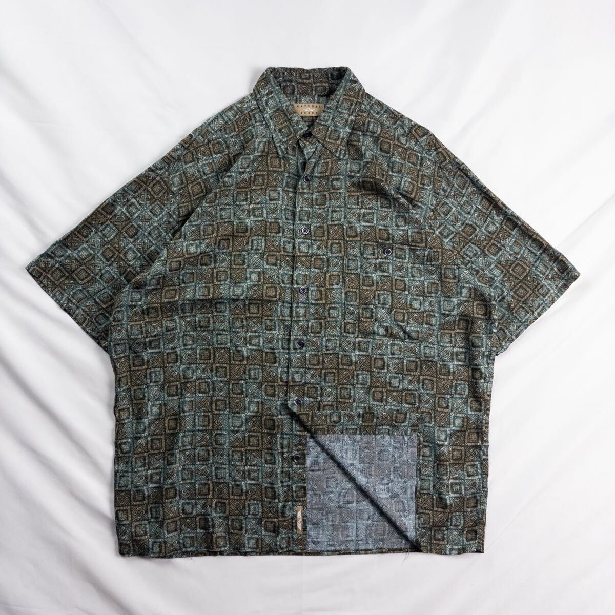 US Vintage 90-00s NATURAL ISSUE レーヨン くすみカラー ムラ染め タイダイ エスニック 民族 幾何学模様 ブロック グリーン 緑 総柄シャツ拍卖
