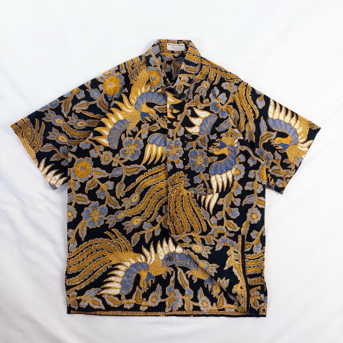 Vintage BALI BAGUS BATIK コットン100% エスニック 民族 アジアン シノワズリ リーフ ボタニカル 総柄 デザインシャツ バティック拍卖