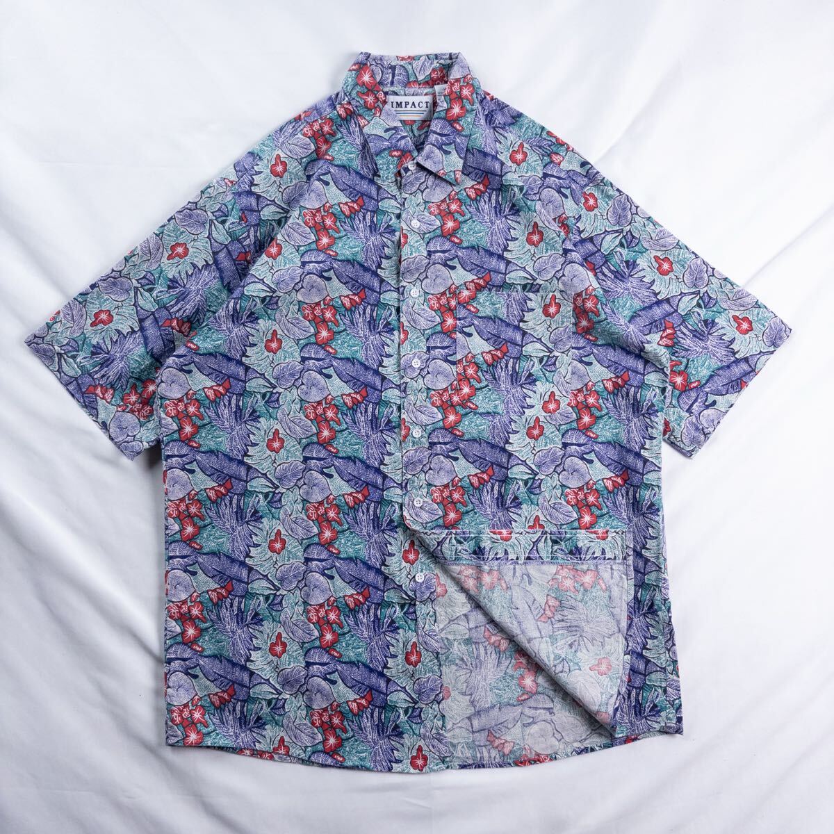 US Vintage 90s IMPACT コットン 好配色 リーフ 点描 アート リーフ ハイビスカス ボタニカル エスニック ハワイアン アロハ 総柄シャツ拍卖