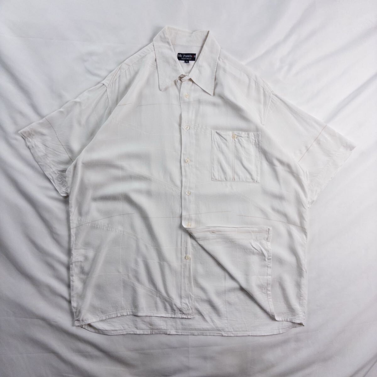 Euro Vintage 90s? Mc Panthon ビスコース 幾何学模様 抽象 アート クレイジーパターン 格子 レトロ ホワイト オフホワイト 総柄シャツ拍卖