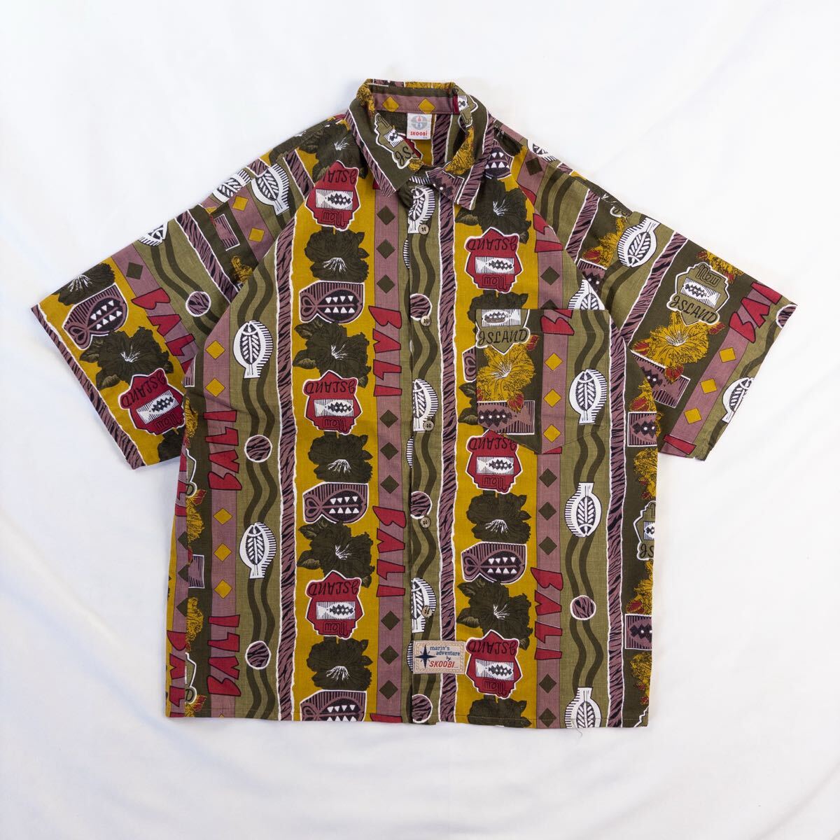 Euro Vintage SkooBi コットン 好配色 プリミティブ エスニック ハイビスカス ボタニカル クレイジーパターン レトロ パッチ 総柄シャツ拍卖