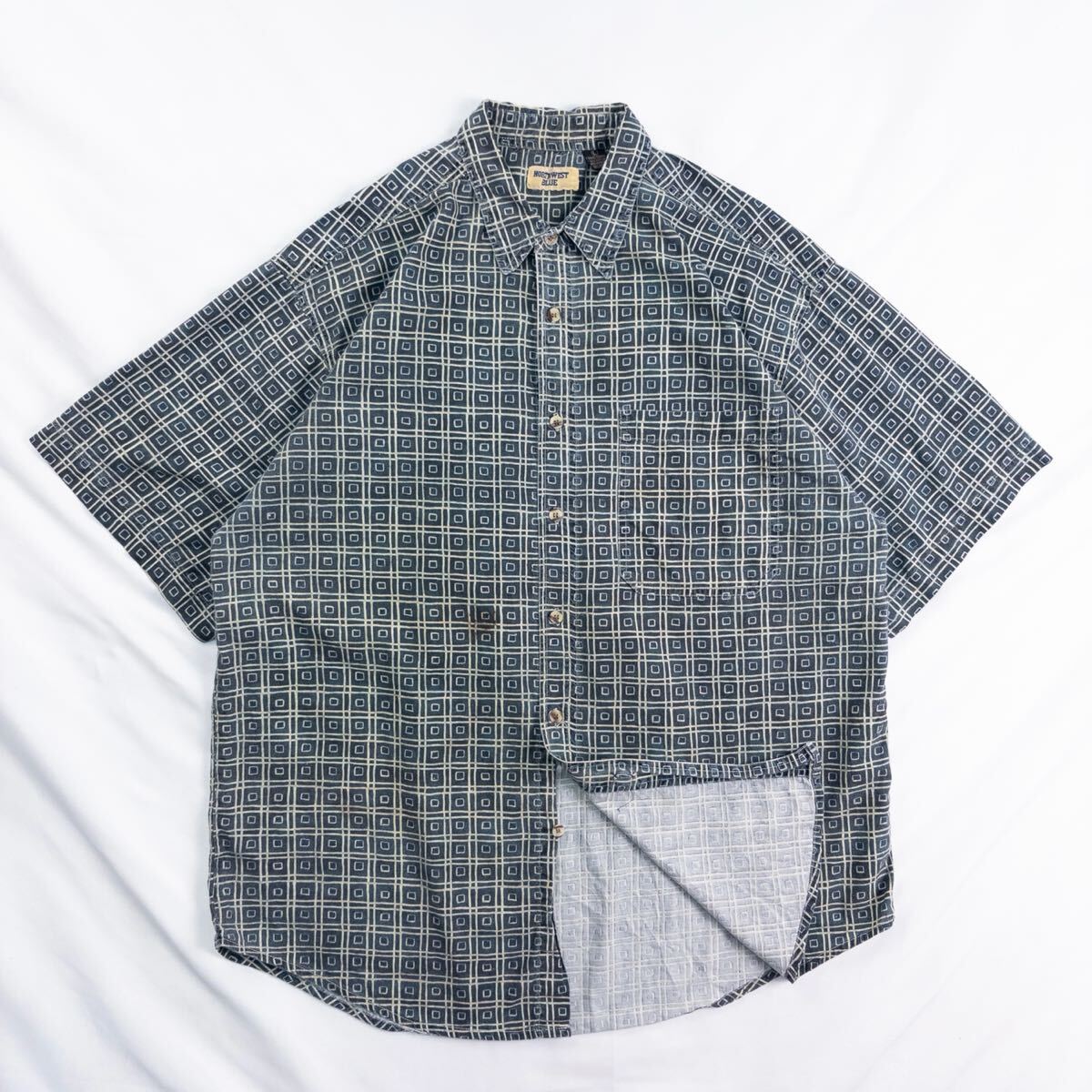 US Vintage 90s NORTHWEST BLUE コットン100% プリミティブ エスニック 民族 格子 ブロック 水彩 総柄 デザインシャツ拍卖