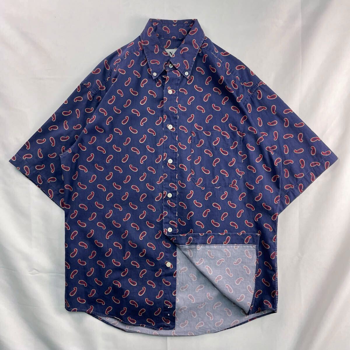 US Vintage 90s INC コットン100% ボタンダウン ペイズリー柄 ボタニカル エスニック 民族 ネイビー 紺 総柄 デザインシャツ拍卖