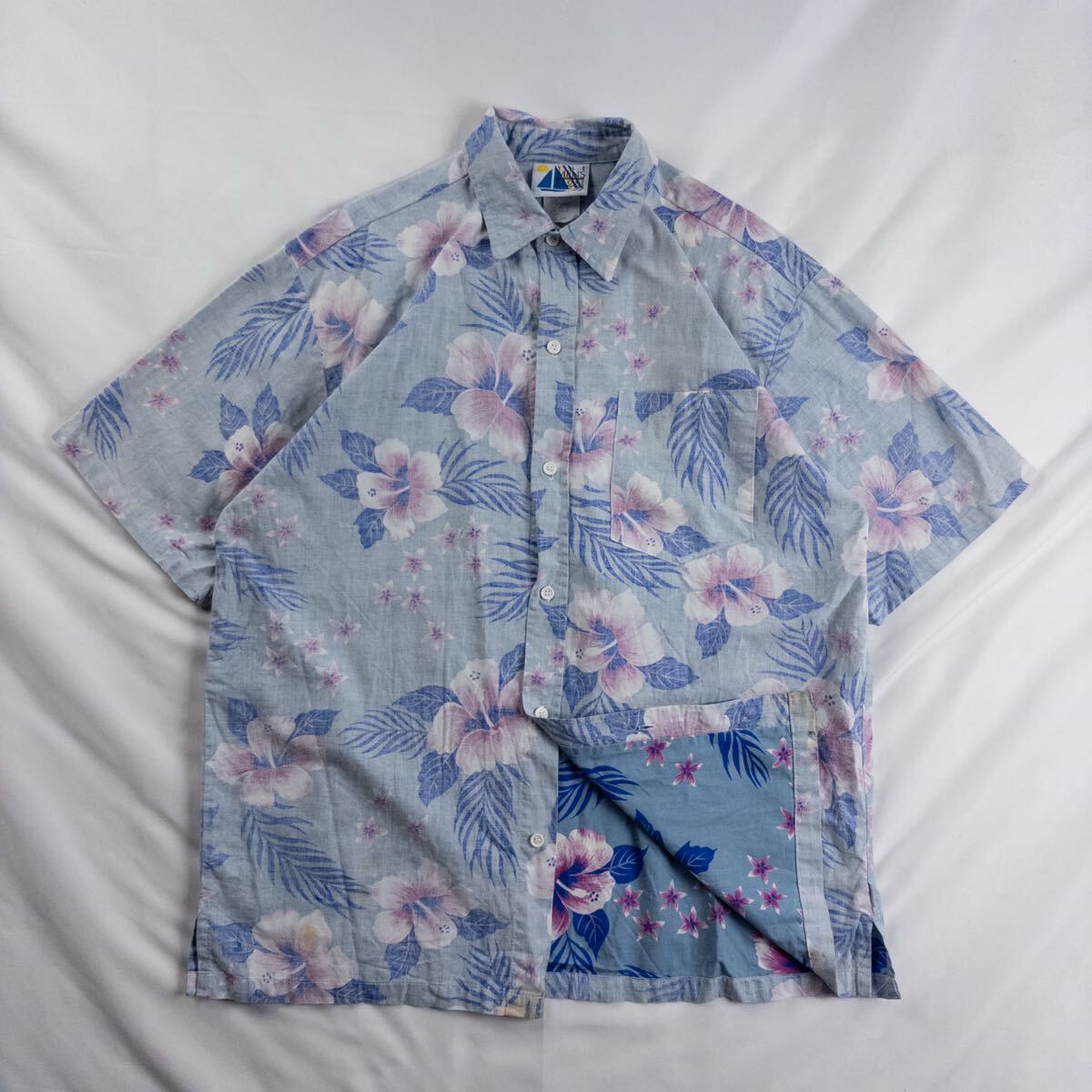 US Vintage アメリカ製 80s The men's store at sears コットン ハイビスカス リーフ ボタニカル カスリ フェード ハワイアン アロハシャツ拍卖