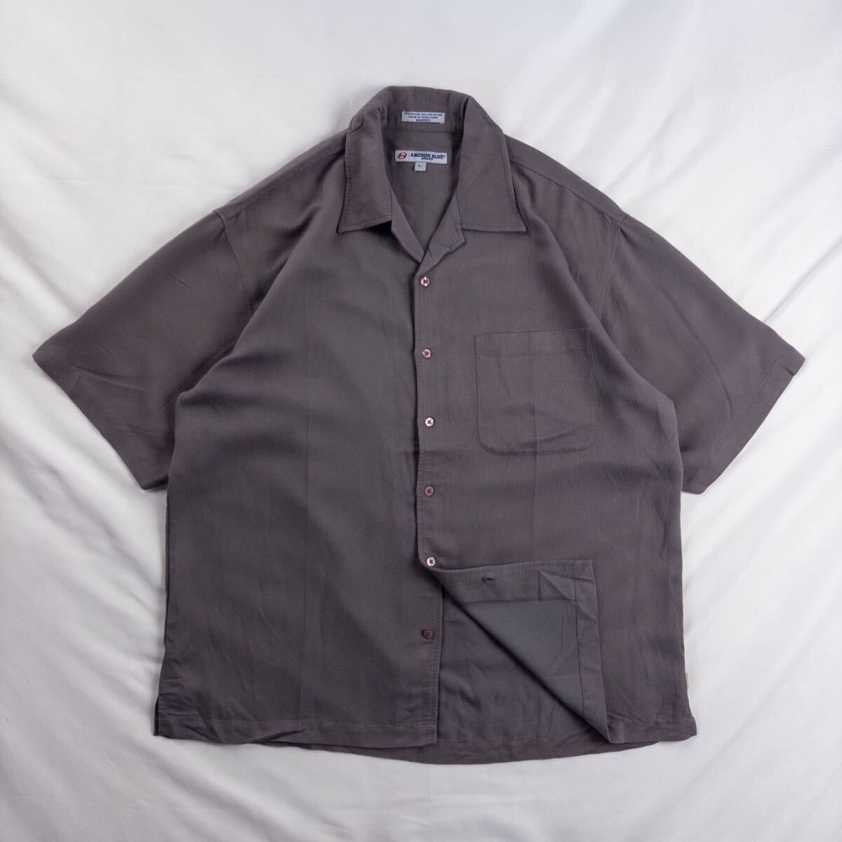 US Vintage 90s ANCHOR BLUE レーヨン ポリ 開襟 オープンカラー 異素材 起毛 立体 くすみカラー アッシュ 単色 プレーン 細畝 ポリシャツ拍卖