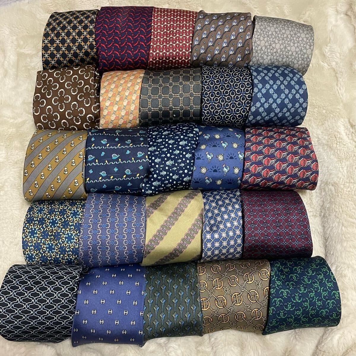 1円スタート! 美品〜HERMES エルメス のみ 25本セット シルク100 ネクタイ 総柄 フランス製 ビジネス レギュラータイ メンズ 拍卖