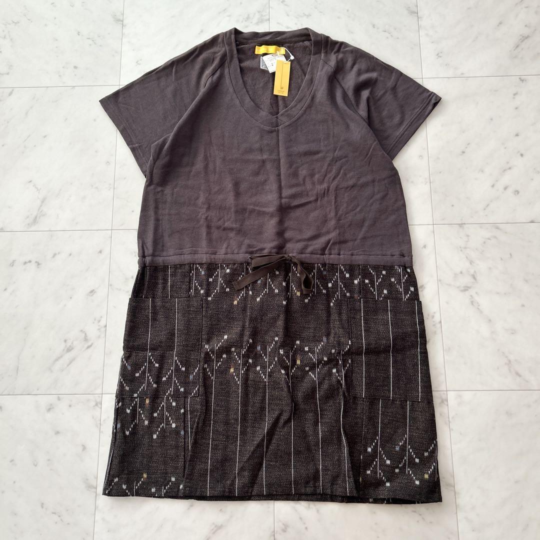 未使用タグ付き ギエモン 儀右衛門 久留米絣 切り替え ワンピース M~L 茶 ブラウン拍卖