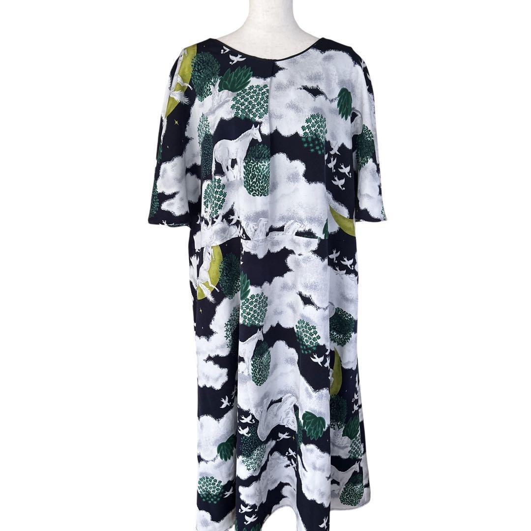 ふりふ 動物柄 ワンピース ゆったり 馬 猫 鳥 うさぎ ネイビー フリーサイズ拍卖