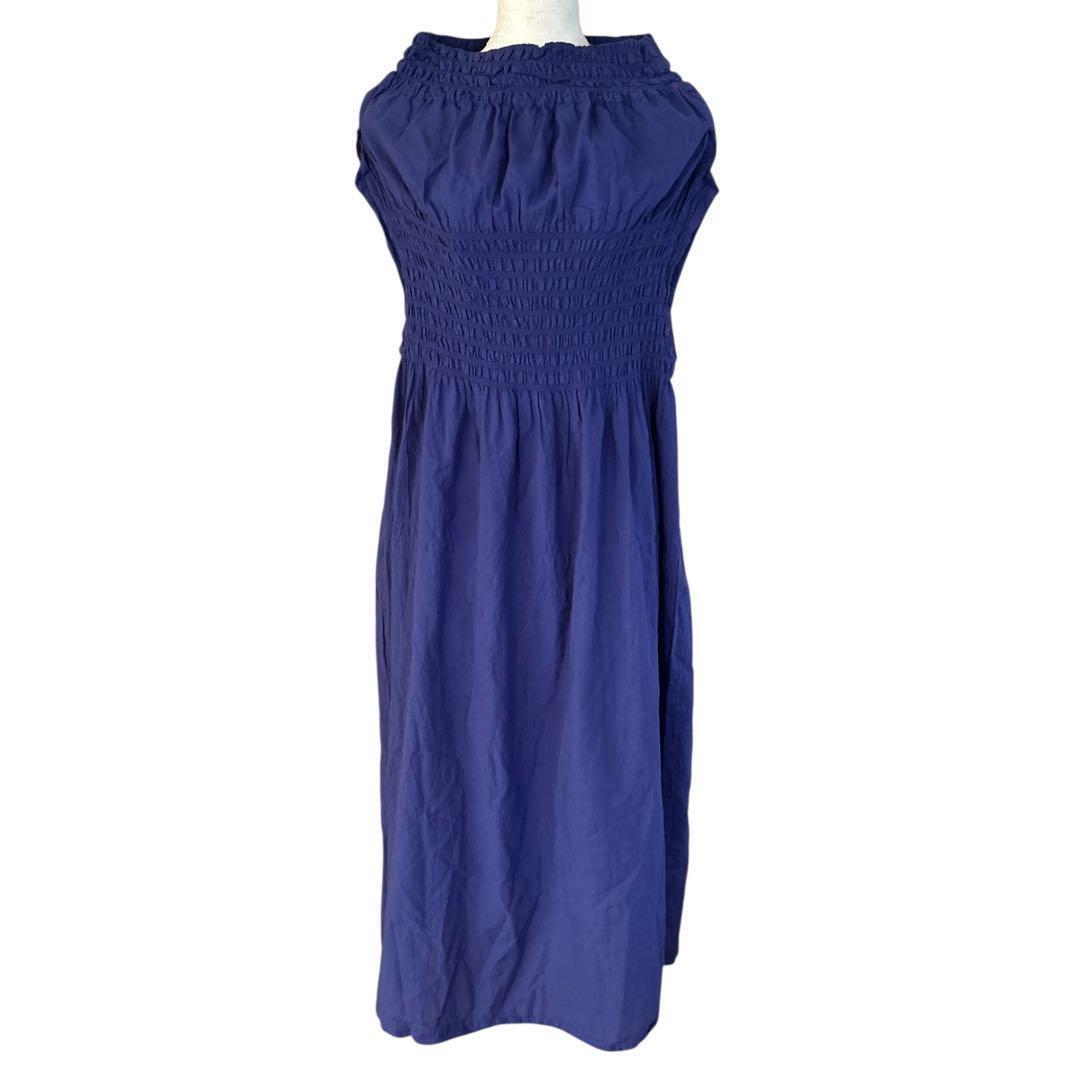 希少 イッセイミヤケ me ロングワンピース シャーリングプリーツ フレンチスリーブ 紺 ネイビー拍卖