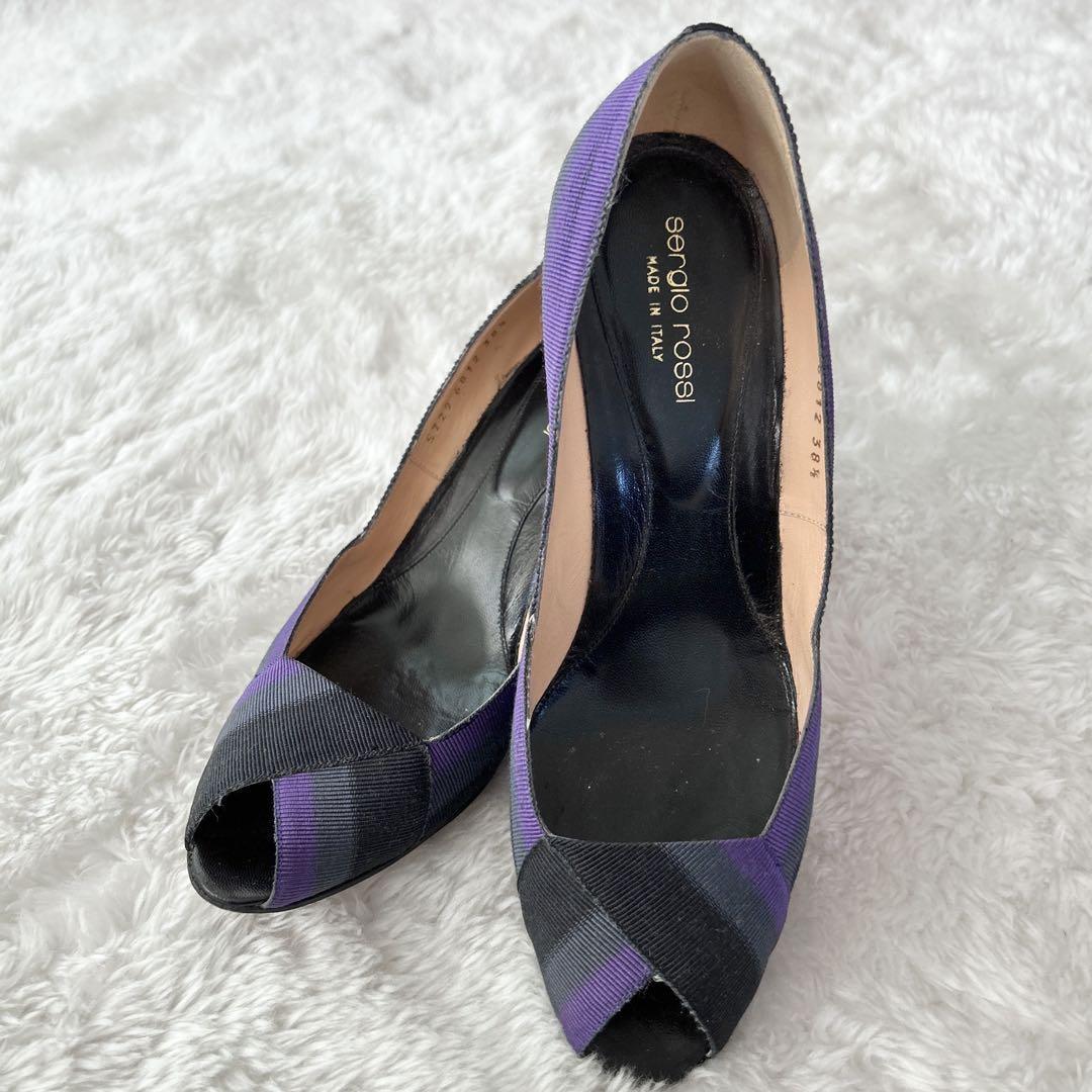美品Sergio Rossi セルジオロッシリボンパンプス 38.5 ブラック パープル 25.5㎝ ピンヒール オープントゥ拍卖
