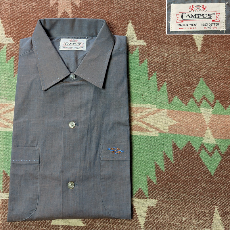 玉虫色 【CAMPUS】 60年代 オープンカラー ボックス コットン 半袖 シャツ M ハンドステッチ 刺繍 デッドストック ビンテージ 50s60s70s拍卖